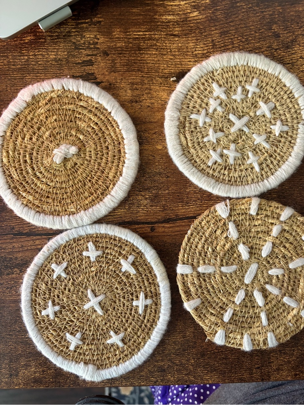 Handwoven Natural Straw Coasters with White Embroidery - Set of 4